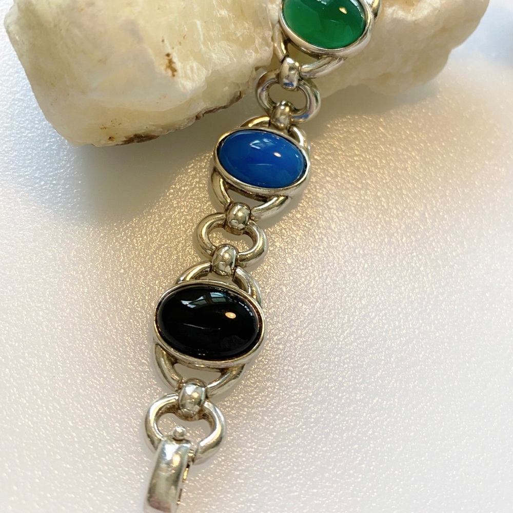 VTG-Sterling Silver 925 Multi Color Onyx, Carnelian & Chalcedony Link Bracelet - Picture 10 of 14